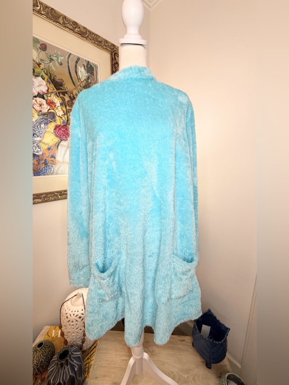 Soft Fuzzy Cardigan Sweater XL Cozy Plush Open Front Lounge Blue Pockets